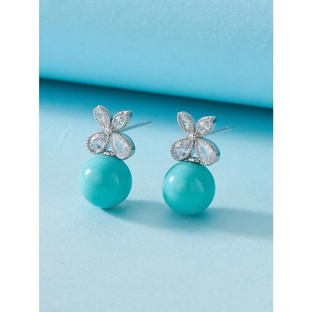 Turquoise Bead Drop Flower Stud Earrings - Women Jewelry R 501